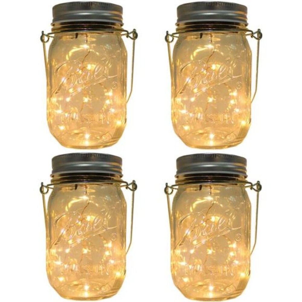4-Pack Solar-powered Mason Jar Lights (Mason Jar / Handle Included),20 Bulbs Jar